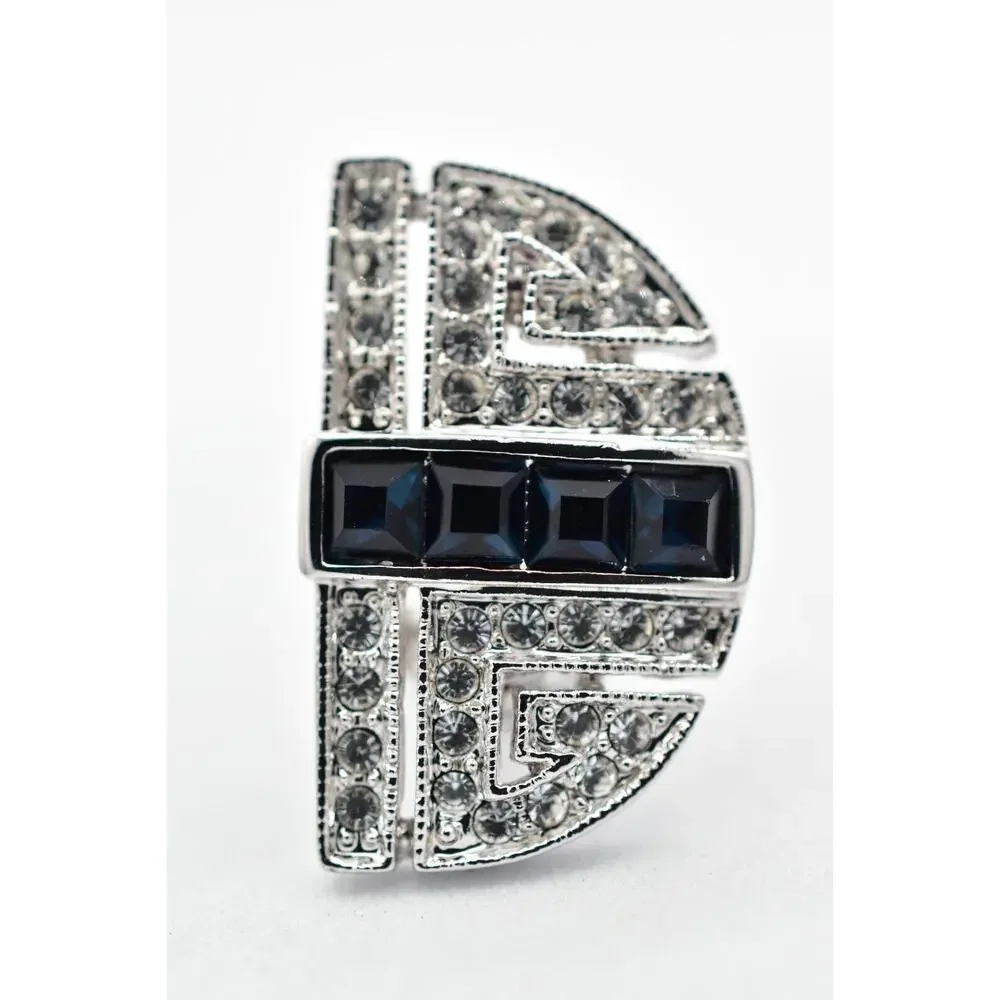 JBK Vintage Crystal Clip On Earrings Navy Blue Rhinestone Silver Signed BinBK